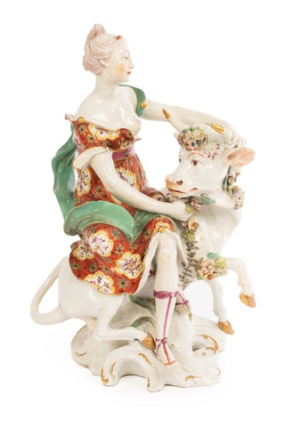 Figurine en porcelaine de Derby d'Europe et du taureau, vers 1755