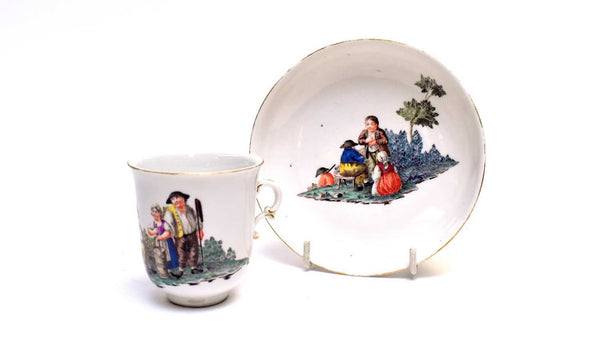 Nymphenburg Porcelain Cup & Saucer with Tenier Scenes 1765