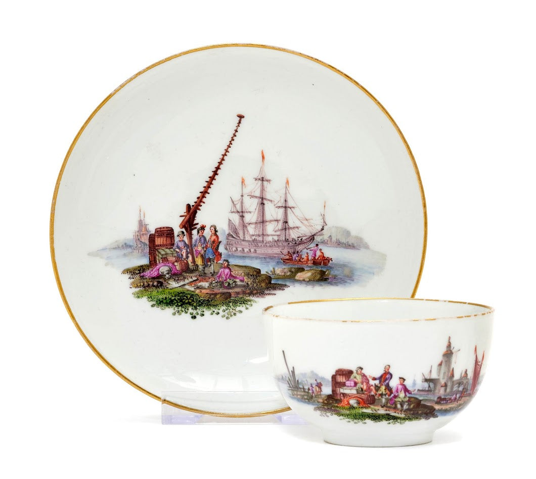 Meissen Porzellan Kauffahrtei Szene Teetasse &amp; Untertasse (Dot Period 1756-1773) 