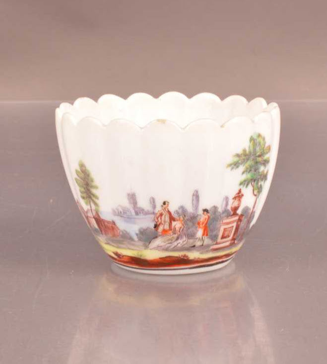 Chelsea Porcelain Fluted Scenic Tea Bowl, Raised Anchor Mark, 1750-52, Very Rare