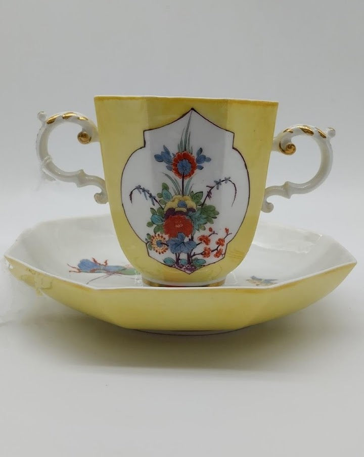 Meissen octagonal yellow-ground double-handled beaker and saucer