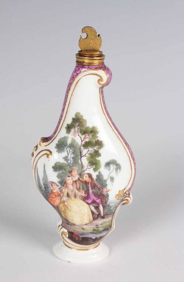 Meissen Porcelain Rocco Scent Bottle with Figures in Gardens 18th C