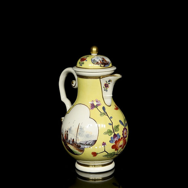 Meissen Porcelain Kauffahrtei Scene Coffee Pot with Kakiemon Flowers, Circa 1740