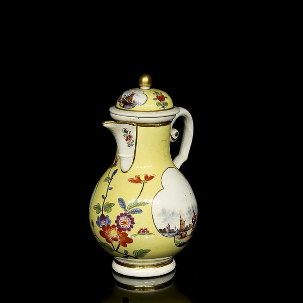 Meissen Porcelain Kauffahrtei Scene Coffee Pot with Kakiemon Flowers, Circa 1740