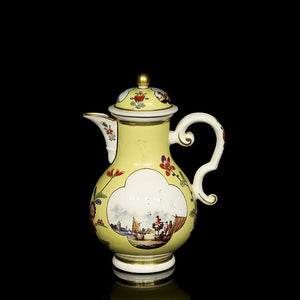 Meissen Porcelain Kauffahrtei Scene Coffee Pot with Kakiemon Flowers, Circa 1740