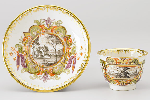 Meissen Porcelain Hausmaler Tea Bowl & Saucer with Landscape Scenes, circa 1740
