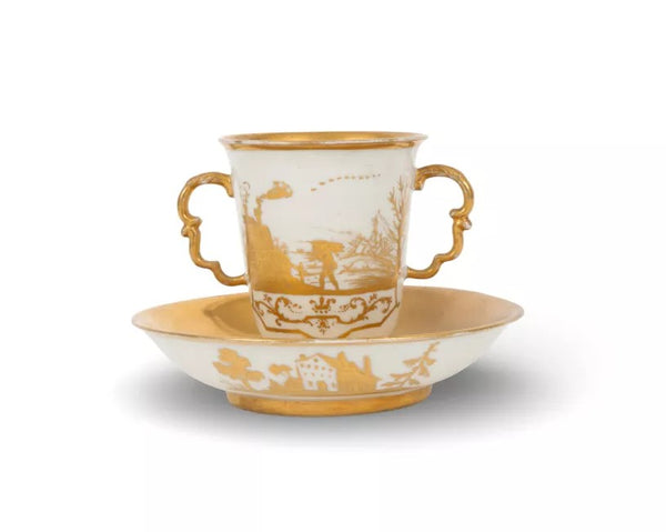 Meissen Porcelain Hausmaler Twin Handled Cup & Saucer, 1725-1730