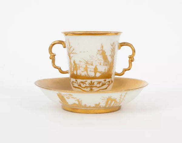 Meissen Porcelain Hausmaler Twin Handled Cup & Saucer, 1725-1730