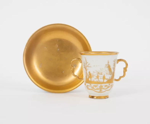 Meissen Porcelain Hausmaler Twin Handled Cup & Saucer, 1725-1730