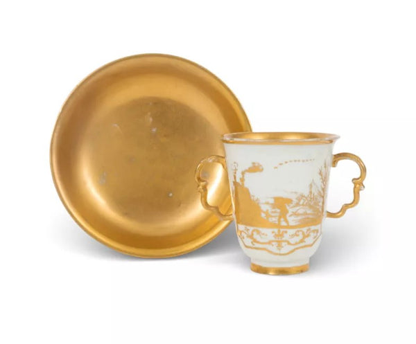 Meissen Porcelain Hausmaler Twin Handled Cup & Saucer, 1725-1730