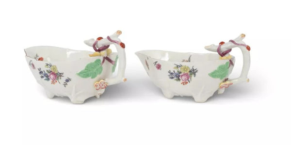 Chelsea strawberry leaf sauceboats, c.1752-55