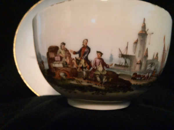 Meissen Porcelain Kauffahrtei Scene Tea Cup & Saucer  ( Dot Period 1756-1773)