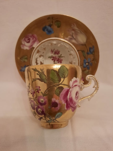 Meissen Porcelain, Gilt Trembleuse Cup &amp; Saucer with Large Flowers 1745-1750