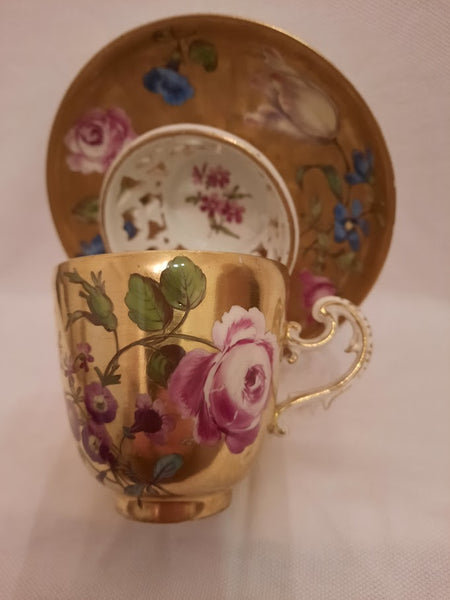 Meissen Porcelain, Gilt Trembleuse Cup &amp; Saucer with Large Flowers 1745-1750