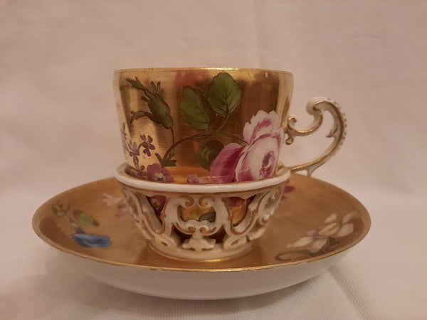 Meissen Porcelain, Gilt Trembleuse Cup &amp; Saucer with Large Flowers 1745-1750