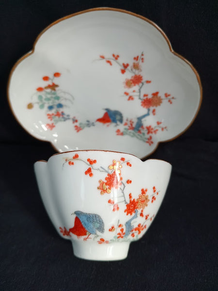 Meissen Porcelain Kakiemon Partridge Quatrefoil Tea Bowl and Saucer c1735 Drehers Marks