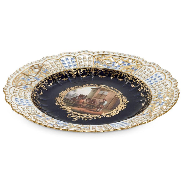 Meissen Porcelain Cobalt Blue Reticulated Plate with Tennier Scene, 19th C