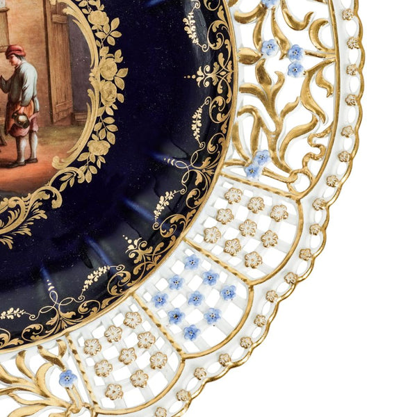 Meissen Porcelain Cobalt Blue Reticulated Plate with Tennier Scene, 19th C