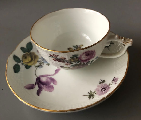 Meissen Porcelain Floral Cup and Saucer with Ozier Border 18th C