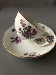 Meissen Porcelain Floral Cup and Saucer with Ozier Border 18th C