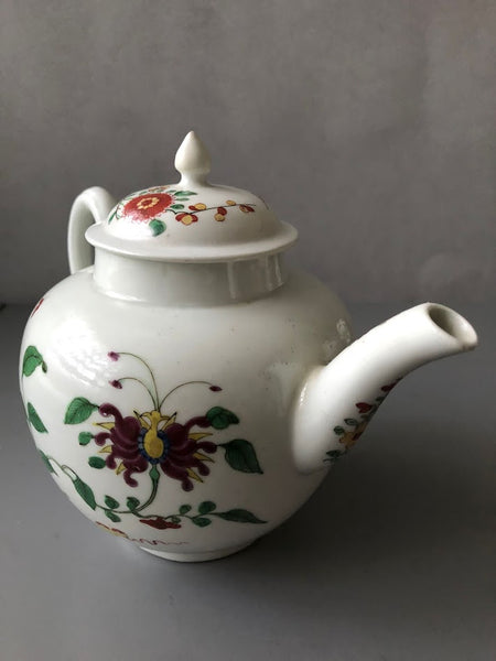 First Period Worcester Porcelain Teapot with Honeysuckle Pattern 1760. Rare!