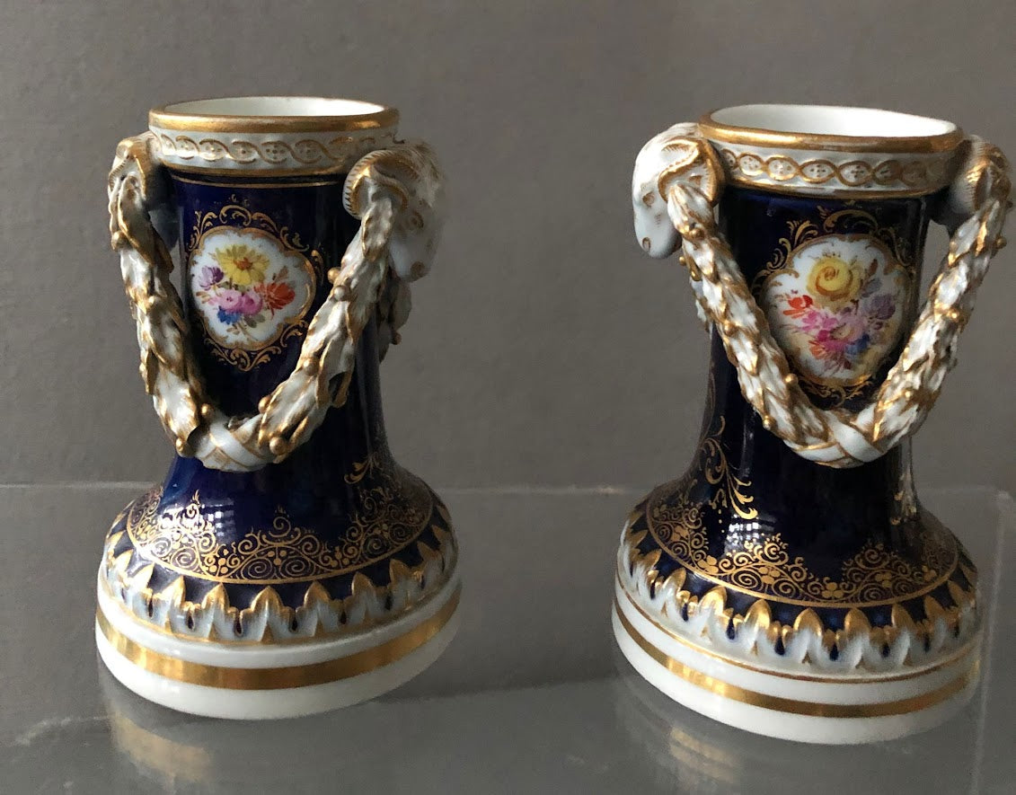 Meissen Porcelain Cobalt Blue, Floral Candlesticks 19th C