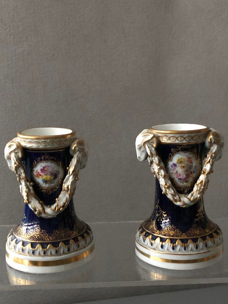 Meissen Porcelain Cobalt Blue, Floral Candlesticks 19th C