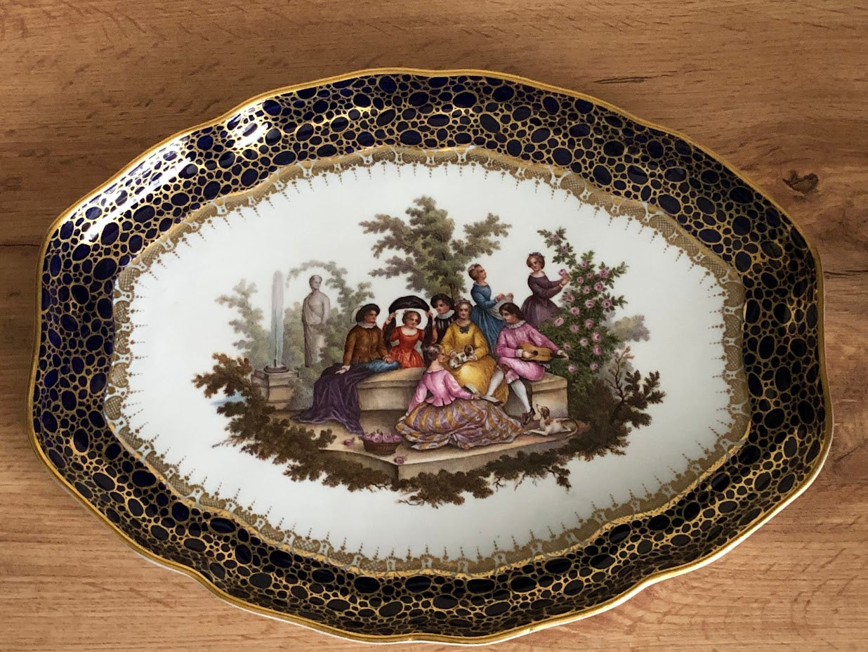 Meissen Porcelain Watteau Scene Cobalt Blue Tray 18th C