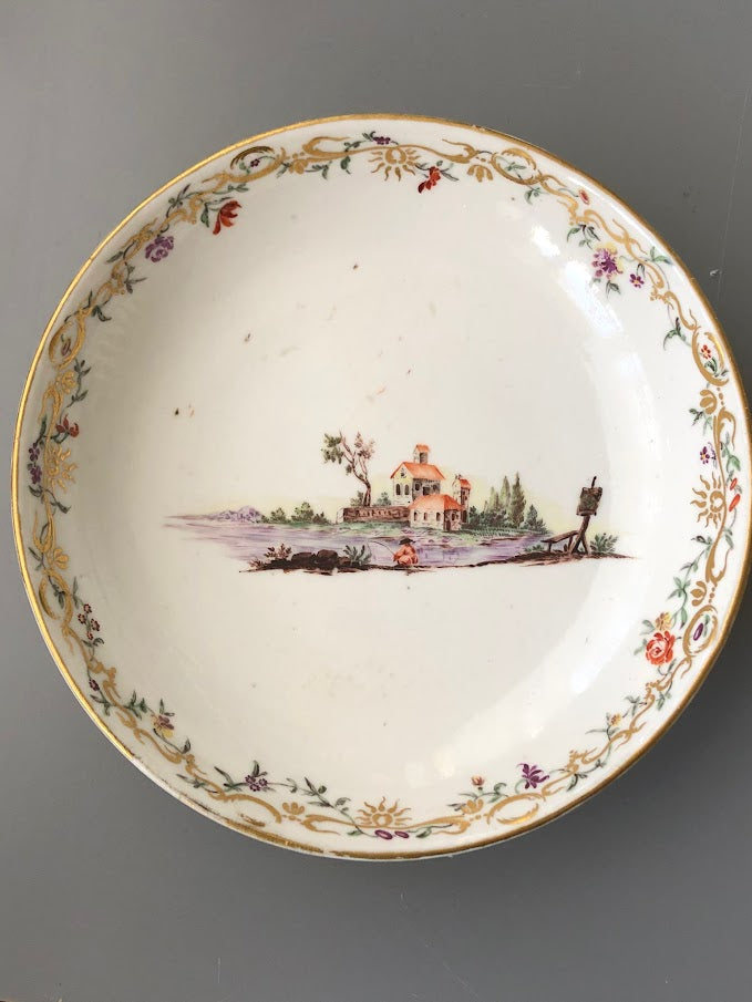 Nymphenburg Porcelain Scenic Yellow Ground Saucer with Bugs 1760-70