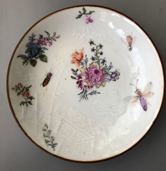 Chinese Export Porcelain Tea Bowl &amp; Saucer with Bugs &amp; Flowers 18th C James Giles