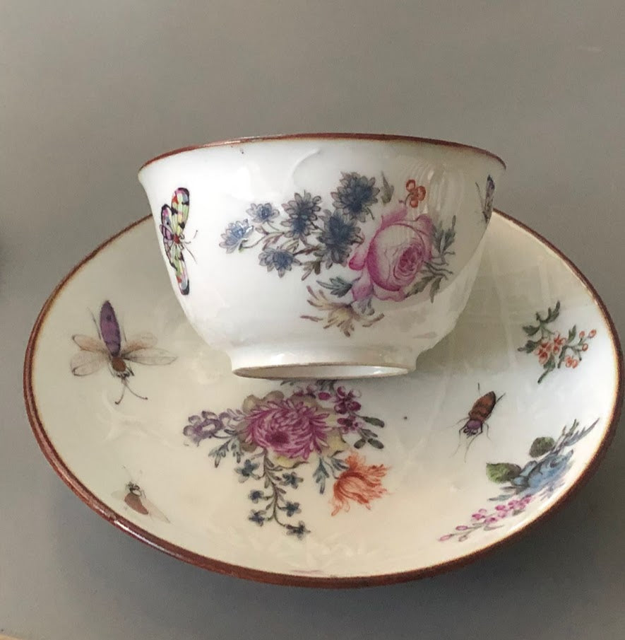 Chinese Export Porcelain Tea Bowl &amp; Saucer with Bugs &amp; Flowers 18th C James Giles