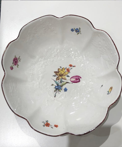 Hochst Porcelain Floral Moulded Slop Bowl, Blind wheel and Elector Mark, 1763