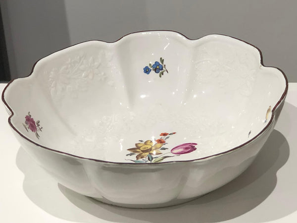 Hochst Porcelain Floral Moulded Slop Bowl, Blind wheel and Elector Mark, 1763