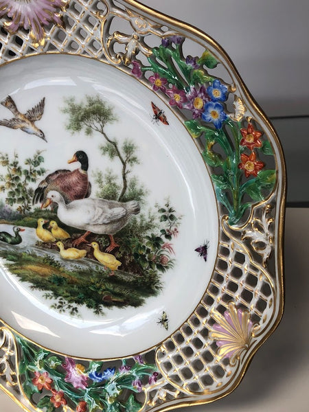 Meissen Porcelain Ornithological Reticulated Plate, Count Bruhl, 19th C