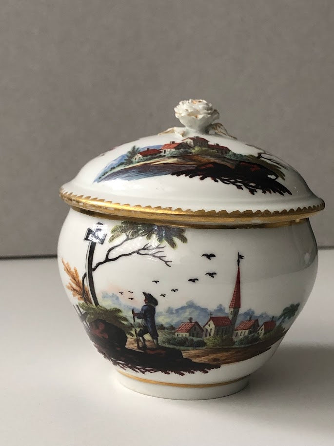 Ansbach Porcelain Town Scene Sugar Pot / Zuckerdose  Circa 1760