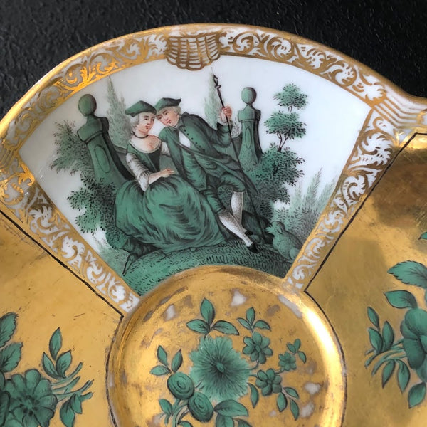 MEISSEN PORCELAIN GILT QUATREFOIL SAUCER WITH WATTEAU SCENES 1740-1745