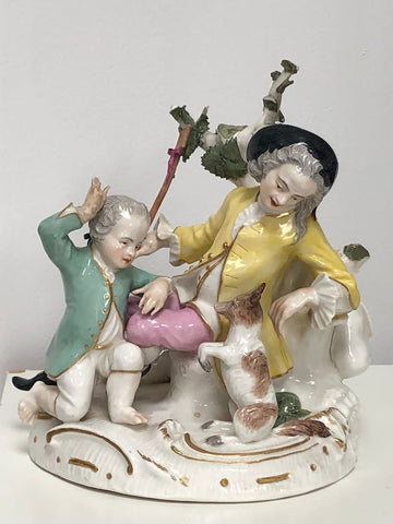 Wegely Porcelain Figure of a Courtly Gentleman with a Boy and a Dog, 1751-1757.
