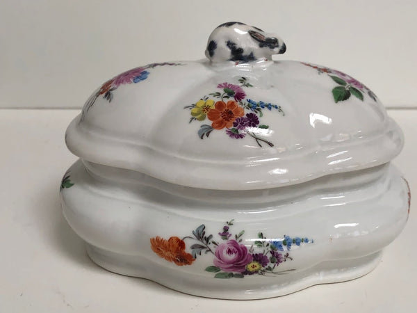 Meissen Porcelain Floral Spice Box with Rabbit Finial.
