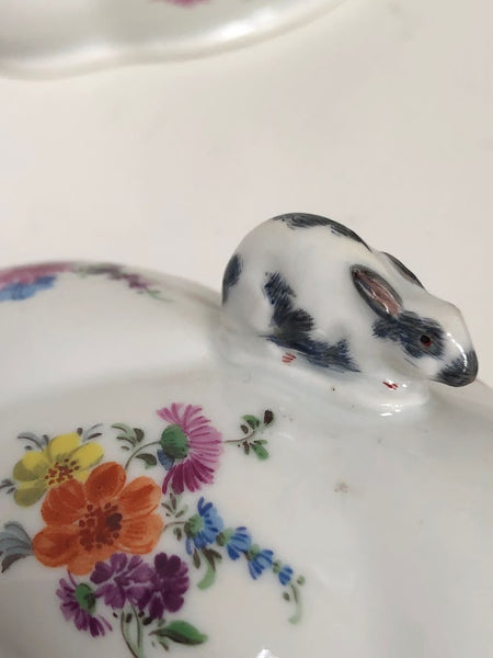Meissen Porcelain Floral Spice Box with Rabbit Finial.