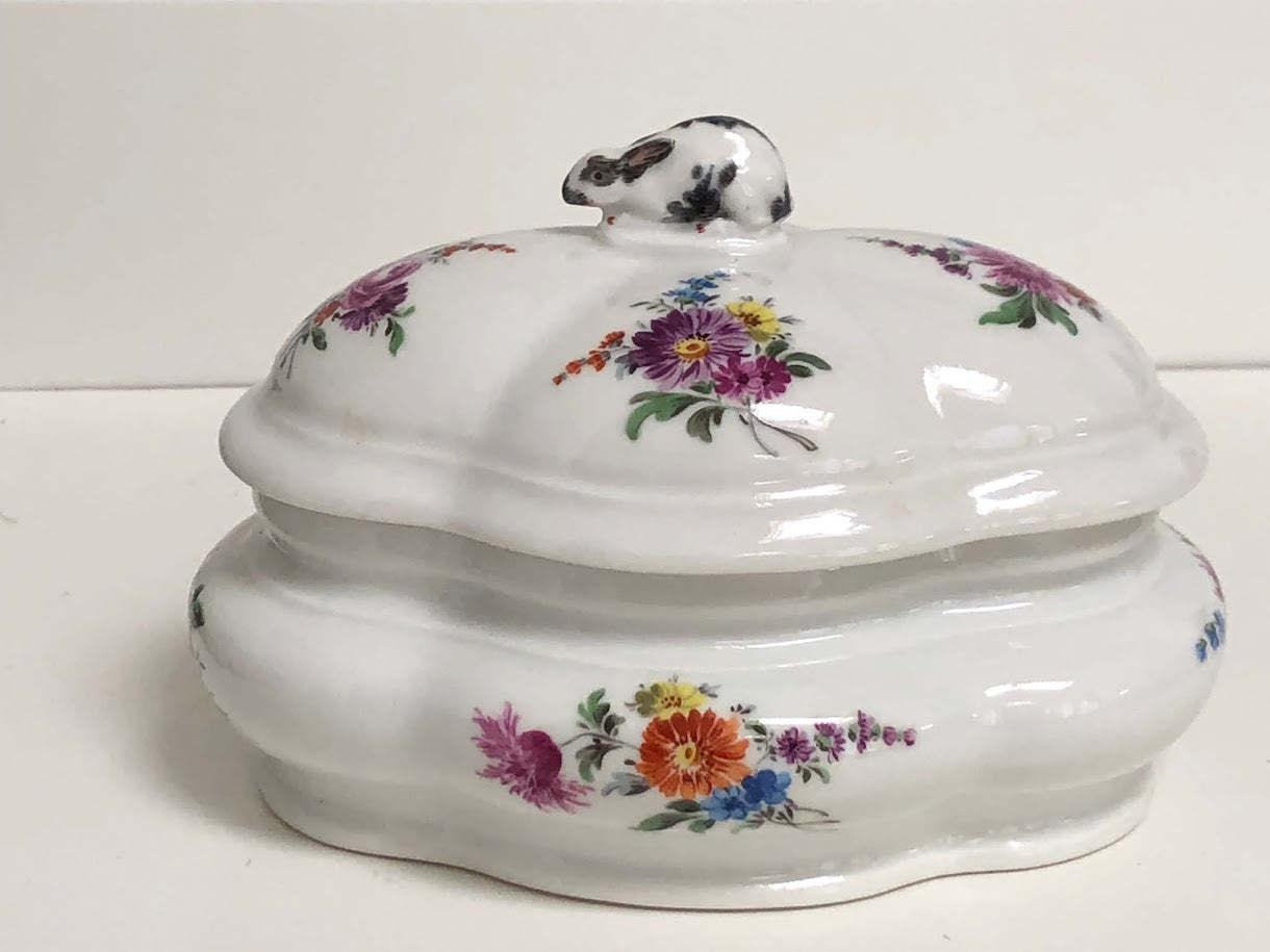 Meissen Porcelain Floral Spice Box with Rabbit Finial.
