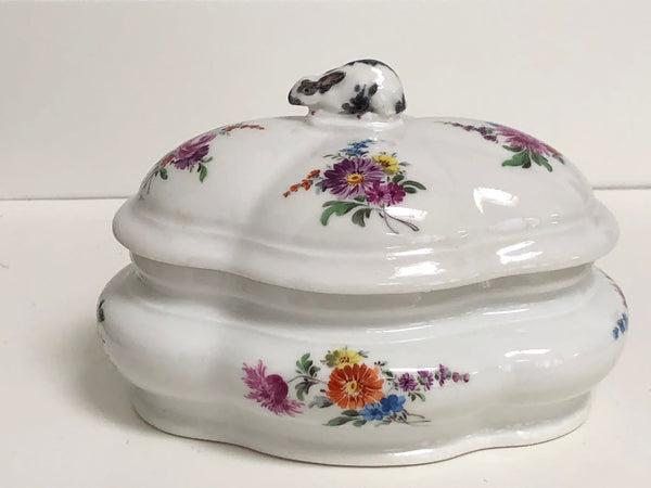 Meissen Porcelain Floral Spice Box with Rabbit Finial.