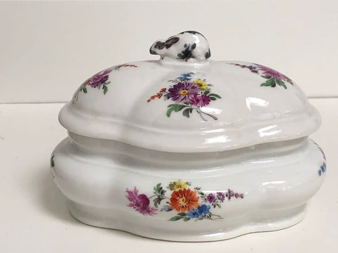 Meissen Porcelain Floral Spice Box with Rabbit Finial.