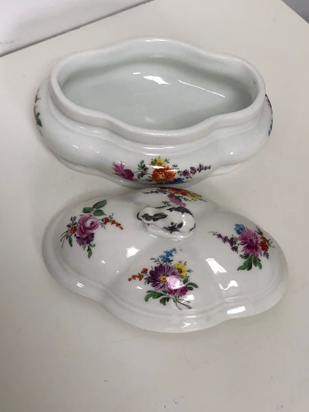 Meissen Porcelain Floral Spice Box with Rabbit Finial.