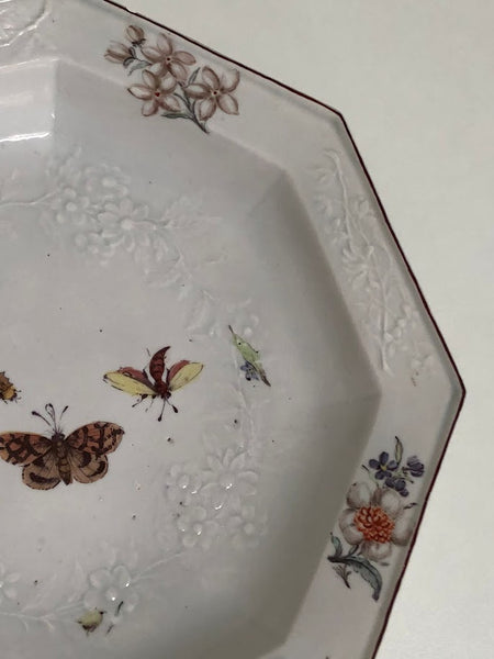 Chelsea Porcelain Octagonal Soup Plate with Moulded Floral Pattern circa 1756