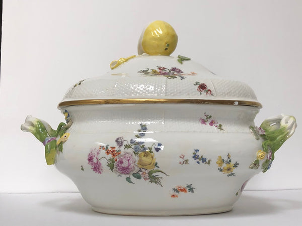 Meissen Porcelain Woodcut Floral Tureen & Tray, circa 1745