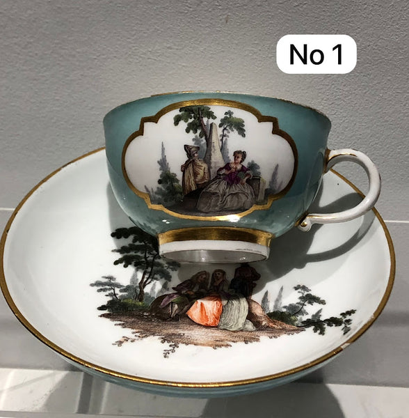 Meissen Turquoise Ground Cup & Saucer with Courting Couples, circa 1740