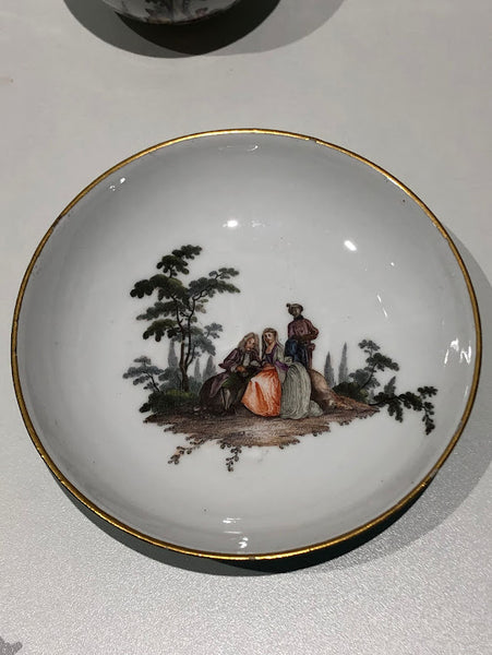 Meissen Turquoise Ground Cup & Saucer with Courting Couples, circa 1740