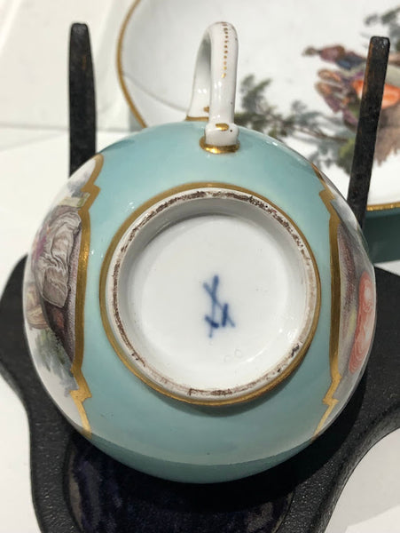 Meissen Turquoise Ground Cup & Saucer with Courting Couples, circa 1740