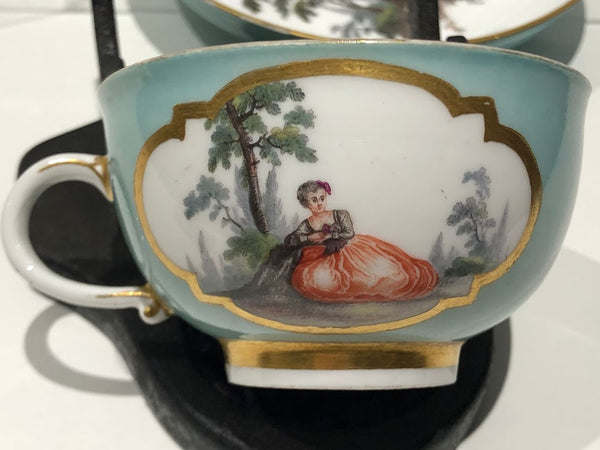 Meissen Turquoise Ground Cup & Saucer with Courting Couples, circa 1740
