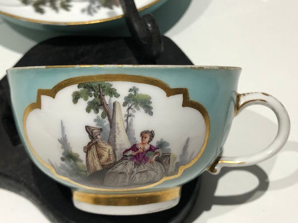 Meissen Turquoise Ground Cup & Saucer with Courting Couples, circa 1740